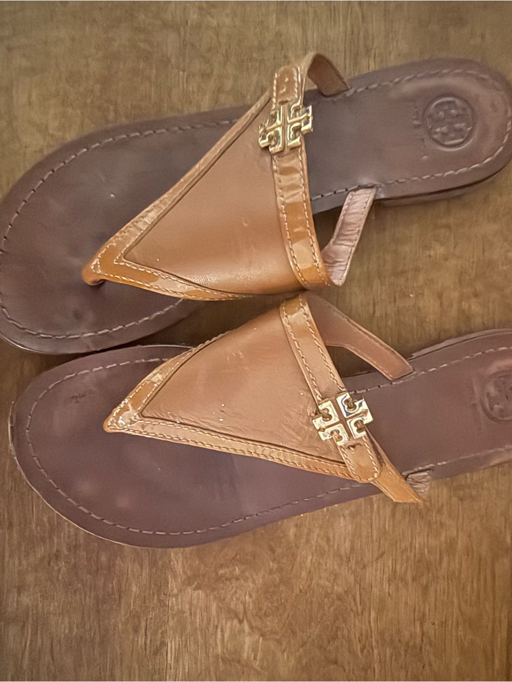 Tory Burch Brown Tan Leather Logo Thong Sandals